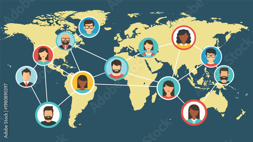 Detailed world map featuring connected icons of diverse people representing global networking and international communication.