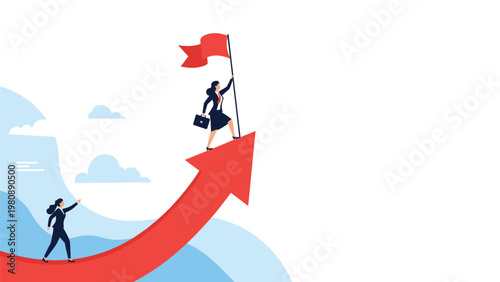 Ambitious businesswoman reaching top of rising red arrow holding victory flag symbolizing leadership success and career advancement.