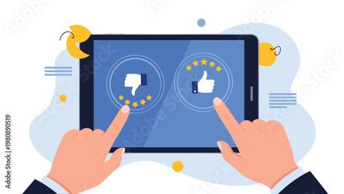 User hands interacting with digital tablet to provide feedback through star ratings and thumbs up or down icons for service evaluation.