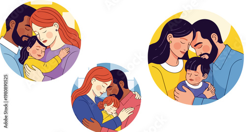 Diverse happy family portraits in circular frames, multi-ethnic parents hugging children, flat vector illustration set of loving families
