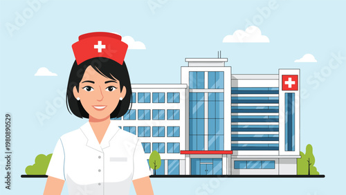 Friendly female nurse in white uniform and traditional cap standing before modern hospital facility illustrating healthcare services and medical care.