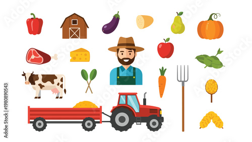 Agricultural icon collection featuring a farmer red tractor farm animals barn crops and fresh produce for farming industry illustrations.
