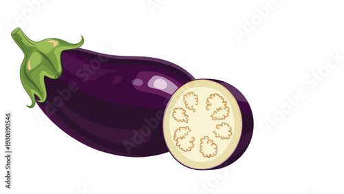 Whole purple eggplant with green stem and a circular cross section slice showing interior seeds for healthy food and cooking concepts.