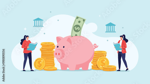 Financial saving concept with people putting money into large piggy bank surrounded by gold coins and bank buildings in background.