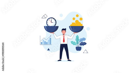Businessman balancing time and money in scales representing work life balance financial management and effective time allocation strategies.