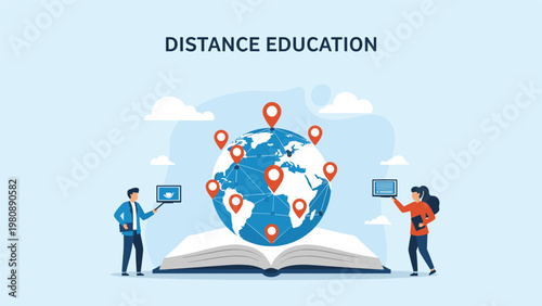 Distance education concept with globe on open book and people connected digitally across the world for remote learning and global study.