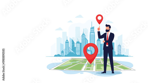 Businessman pointing to map location pin with city skyline background representing navigation real estate and global business expansion strategies.