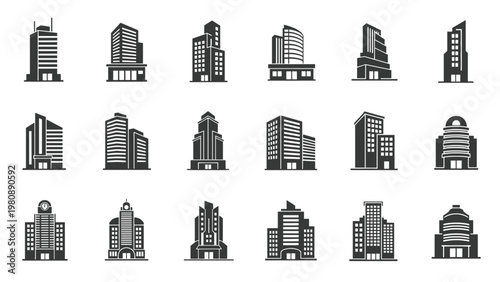 Collection of black skyscraper and modern office building icons on white background for architecture real estate and urban development projects.