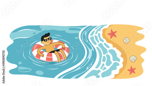 Man in sunglasses relaxing on inflatable ring in blue ocean water near sandy beach representing summer vacation and leisure travel.