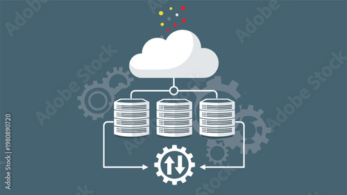 Cloud computing and data storage concept featuring servers connected to central cloud for efficient network management and information access.