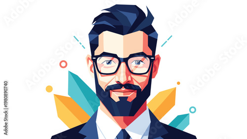 Modern polygonal portrait of professional businessman with beard and glasses representing intelligence leadership and creative vision.