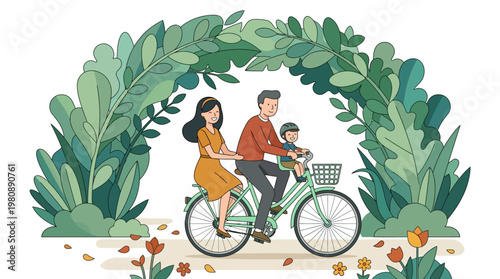 Happy Family Riding a Bicycle Together Through a Green Leafy Garden Archway Vector Illustration