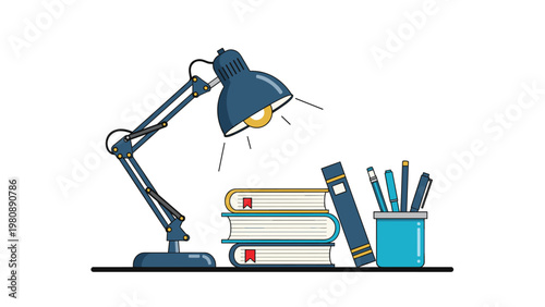 Study or workspace scene with lit desk lamp stacks of books and pencil holder representing education learning and productivity.