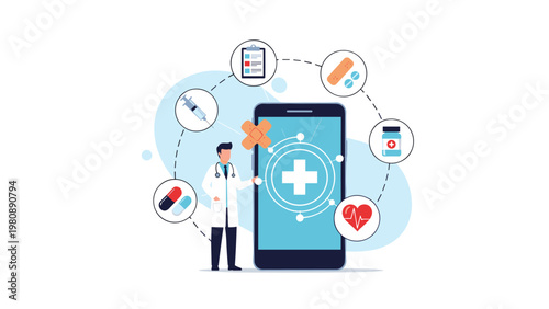 Online medical consultation via smartphone with doctor avatar and health icons like syringe, pills, and heart rate monitor for telehealth services.
