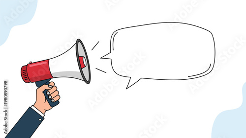 Hand holding a megaphone with a large blank speech bubble for custom announcements and marketing messages on a simple background for advertising.