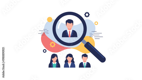 Human resources recruitment concept with a magnifying glass focusing on a candidate among a group of professional business people for a job.