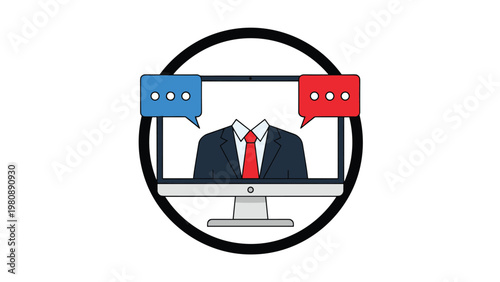 Online video conference and digital communication concept showing a suit on a computer screen with speech bubbles for remote work collaborations.