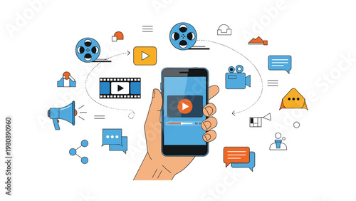 Hand holding a smartphone displaying video content surrounded by multimedia icons like film reels, cameras, and social media symbols for users.