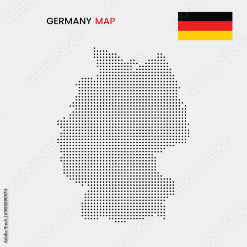 A map of Germany made up of small black dots on a white background with the German flag in the corner.
