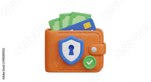 Vector illustration of 3d illustration of an orange wallet with a security shield and credit card on a transparent background