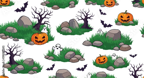 Halloween seamless pattern with spooky pumpkins and ghosts, cartoon autumn graveyard background with bats and dead trees, festive orange jack o lantern vector wallpaper