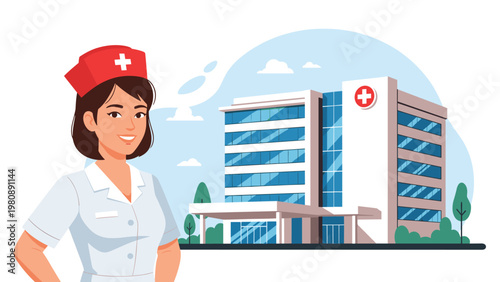 Smiling female nurse in a professional white uniform and red cap standing in front of a modern hospital building for quality healthcare service.