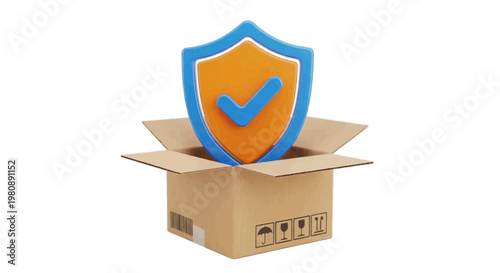 Vector illustration of 3d illustration of a shield with a check mark inside an open cardboard box on a transparent background