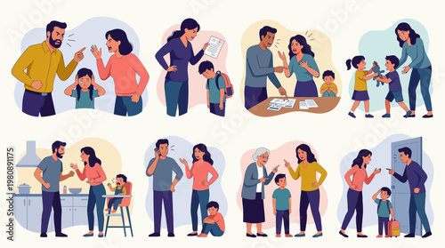 Family Conflict and Domestic Argument Illustration Set - Toxic Environment and Parental Disputes Affecting Children
