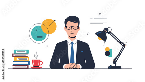 Professional businessman sitting at a desk with books, a cup of coffee, and a lamp while presenting a webinar or online lesson to his students.