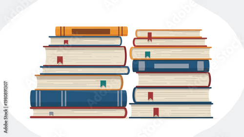Two tall stacks of colorful hardcover books on a light background representing a library, education, knowledge, and academic studies for students.