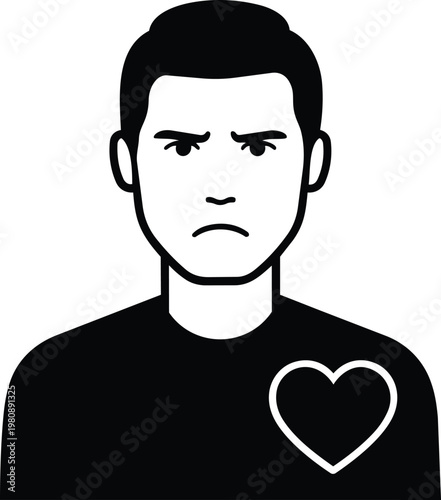 A man with a heart on his shirt looks unhappy