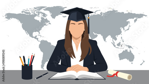 Young female graduate in a cap and gown sitting at a desk with an open book and diploma in front of a world map background for her future career.