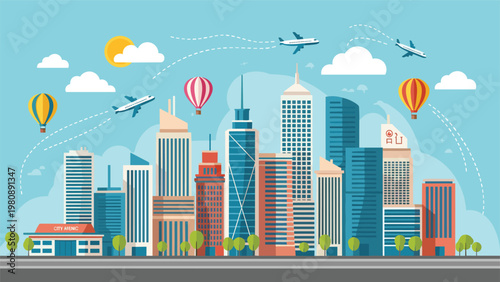 Vibrant modern cityscape with high skyscrapers under a blue sky with airplanes and colorful hot air balloons flying overhead during a clear day.