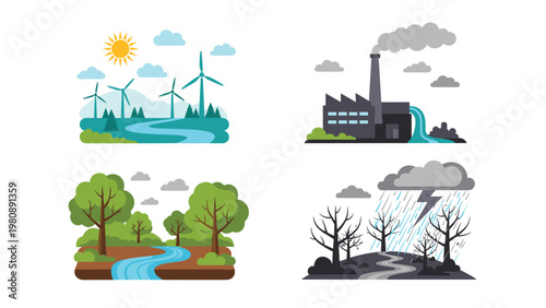 Comparison of green energy with wind turbines versus industrial pollution with factories to highlight environmental sustainability issues today.