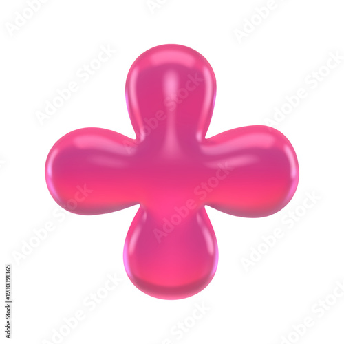 Glossy pink 3D gummy plus sign with marmalade jelly texture