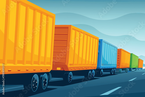 Container Truck Queue Scene Vector Illustration o