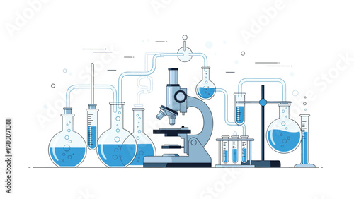 Laboratory equipment including a microscope, beakers, and test tubes filled with blue liquid for scientific research and medical experiments now.