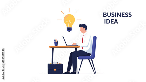 Businessman working at a desk with a laptop under a glowing light bulb representing creative business ideas and innovative solutions for success.