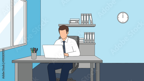 Male office worker sitting at his desk focused on laptop screen with shelves of binders and a simple wall clock visible in the minimalist office.