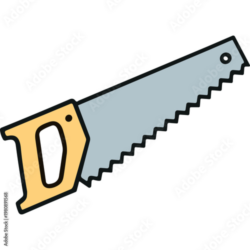 A hand tool with a yellow handle and gray serrated blade lies on a surface.