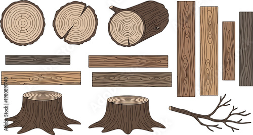 Rustic wood textures and timber elements vector set, natural brown tree logs and cross sections with rings, wooden planks and tree stumps for carpentry and forestry design