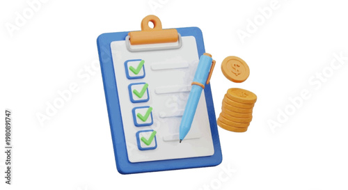 Vector illustration of 3d illustration of a clipboard with a checklist, pen, and stack of gold coins on a transparent background