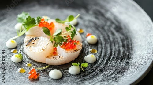 Delicate seafood dish with garnishes served on a dark plate in a restaurant setting during dinner time