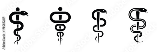 Set of medical caduceus symbols with snakes and staffs