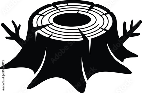 Black silhouette of a stylized tree stump with branches and rings black and white symbol nature