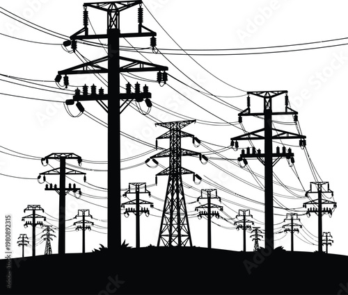 Black silhouette of multiple power line towers and wires against a white background electricity pylon