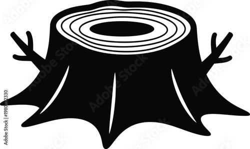 Black silhouette of a tree stump with visible rings and two small branches black and white wood