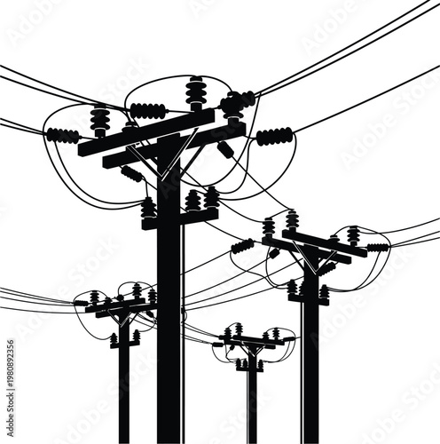 Black silhouette of multiple power poles with overhead wires and insulators against a white background
