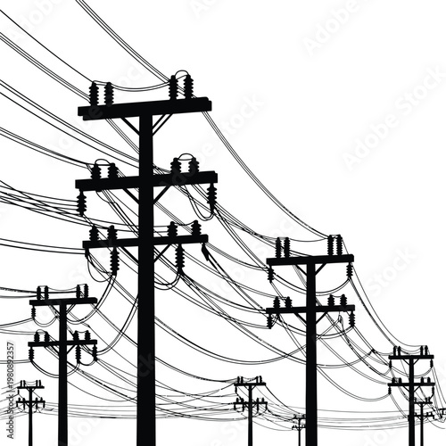 Black silhouette of multiple power poles with tangled overhead wires against a white background electricity