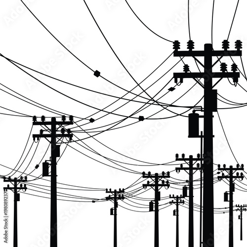 Black silhouette of multiple power poles with tangled wires and transformers against a white background